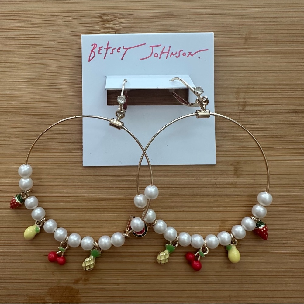 Betsey Johnson Forbidden Fruit Hoop Earrings With Fruit Charms & Faux Pearls NWT